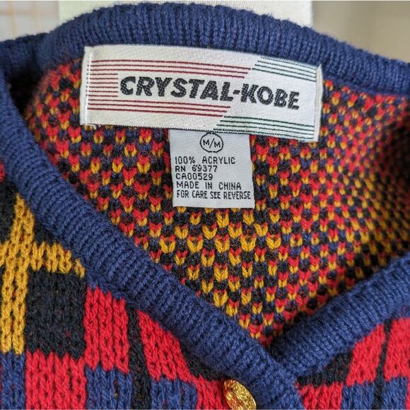 Vintage Crystal Kobe Cardigan Medium Red Blue Boxy Nordic Gold Buttons Pockets - Picture 9 of 14